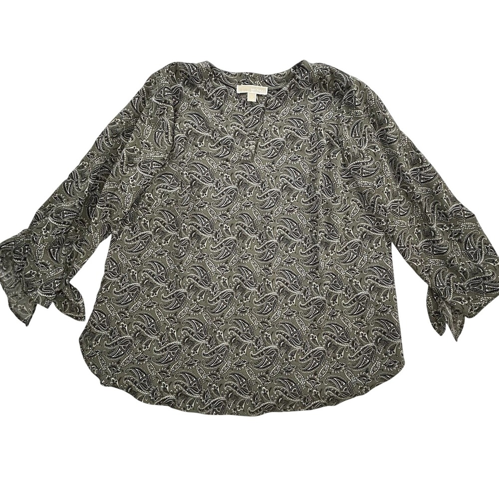 Michael Kors 1X Olive Green Paisley Split Neck Tie Sleeve Blouse Dark Romantic